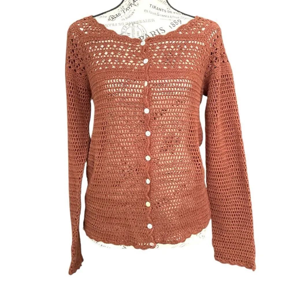 Vintage Chadwick's Chocolate Brown Front Button Crochet Sweater in Size XS/S